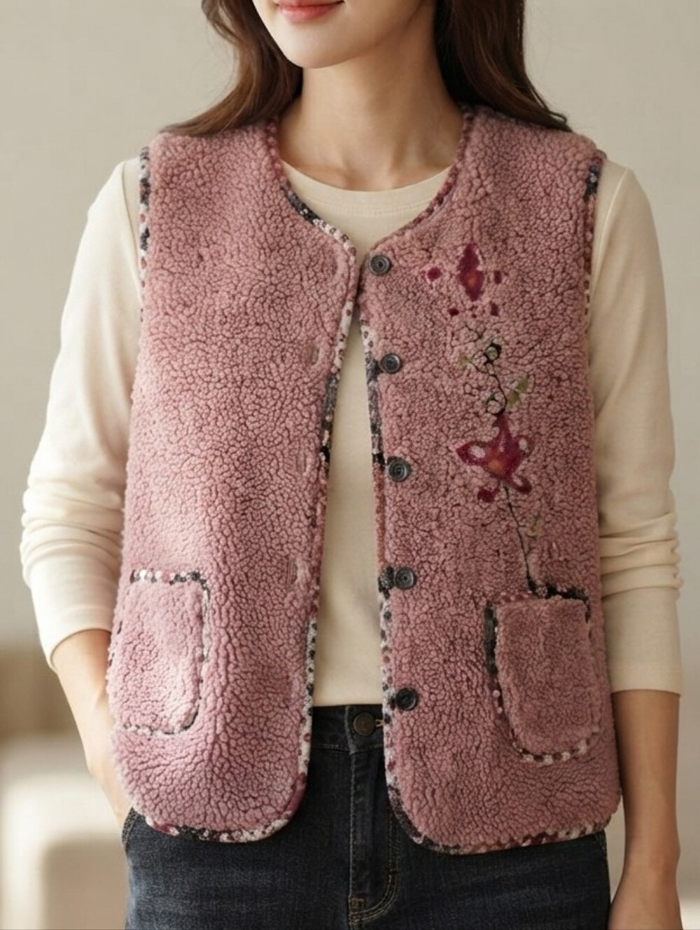 Beautiful Cozy Rose Pink Sherpa Vest w/Floral Embroidery Tapestry Sz Believe M/L
